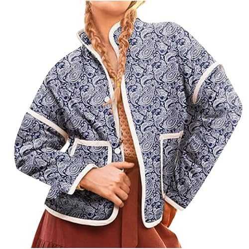 Women's Jacket 2024 Trendy Floral Print Quilted Jackets Warm Long Sleeve Snap Button Short Puffer Coats Fall Winter Cute Cropped Down Coat Cardigan Outerwear with Pockets