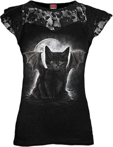 Spiral - Bat Cat - Lace Layered Cap Sleeve Top Black