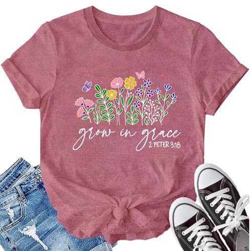 LBP Womens Christian Wildflowers Shirts Grow in Grace Shirt Christian T-Shirt Bible Verse Faith-Based Tee Tops
