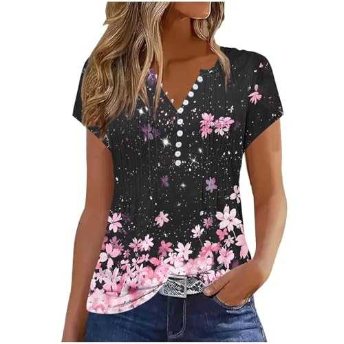 Tunic Tops for Women UK, Summer Top Short Sleeve Shirts Button Up V Neck Henley Shirt Retro Print Blouses Loose Fit Pleated Tunic Pullovers Ladies Casual Going Out Tees Plus Size S-XXXL