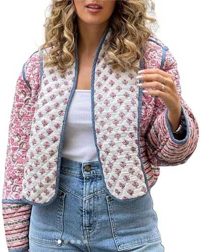 Zempertoopa Women Cropped Puffer Jacket Floral Printed Quilted Lightweight Coat Cardigan Long Sleeve Padded Open Front Shirt