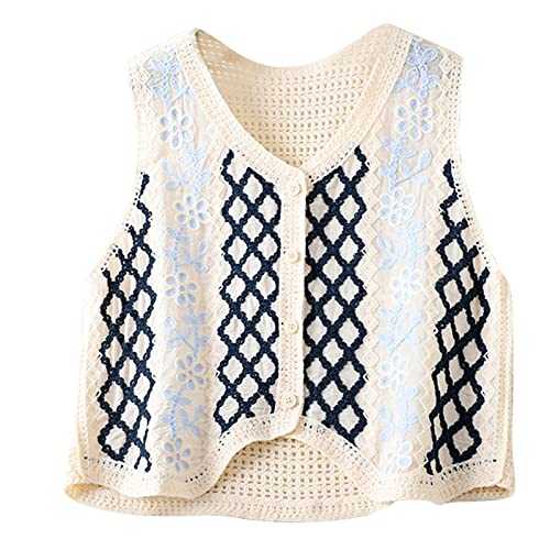 URTERYSER Women Vest, Women Crochet Knit Diamond Sweater Vest Button Up Crop Cardigan Waistcoat