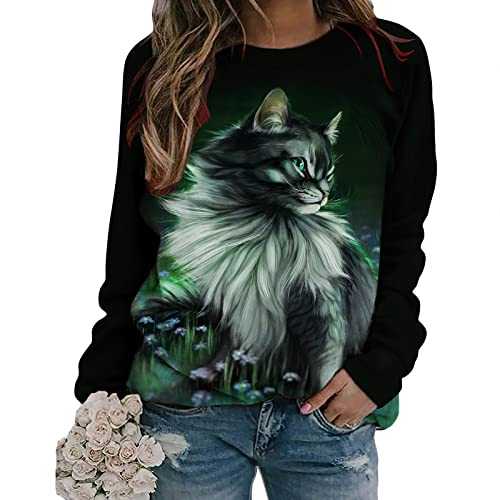 Women's Spring Casual Sweatshirts Tunic Tops Long Sleeve Shirts Funny Cute Cat Printed Round Neck Casual Graphic Tee Tops Blouse Oversized Plus Size Loose Fit Pullover Shirts Tops Cozy Blouse