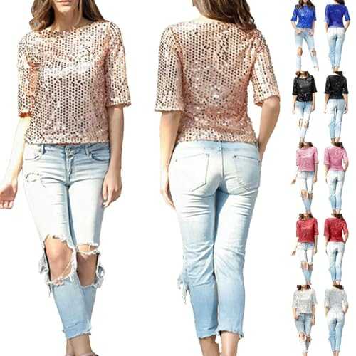 IQYU Festive Top Women's 3/4 Sleeve Sequin Blouse Silver Glitter Top Party Elegant Festive Blouses New Year's Eve Outfit Casual Tunic Large Sizes Glitter Shirt for Wedding Carnival Glitter Top