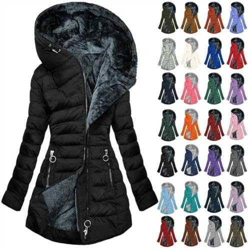 Womens Winter Coats UK Sale Shaggy Fleece Jacket Quilted Padded Jacket Zip Up Down Jacket with Hood Solid Long Sleeve Puffer Jacket with Pockets Warm Comfy Mid-Length Outwear