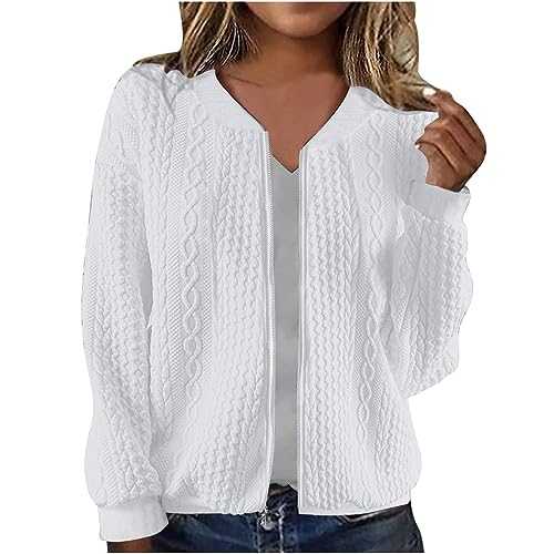 RLEHJN Bomber Jacket Women Sale Clearance Cable Knit Jumper Solid Color Flight Jackets Long Sleeve Zip Up Baseball Jacket Casual Lightweight Coat with Pockets Plain Tops Outerwear Size 8-16