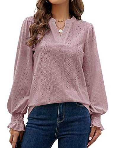 BMJL Women's Work Shirts Fall Long Sleeve Eyelet Blouses V Neck Business Casual Tops