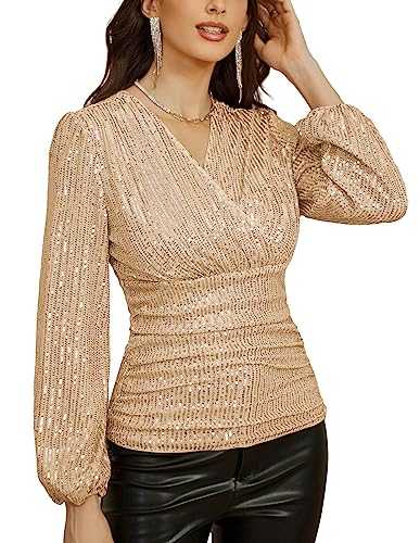 GRACE KARIN Womens Sequin Tops Sparkle Shimmer Ruffle Wrap Blouse Party Shirt V Neck Short Split Sleeve Peplum Top