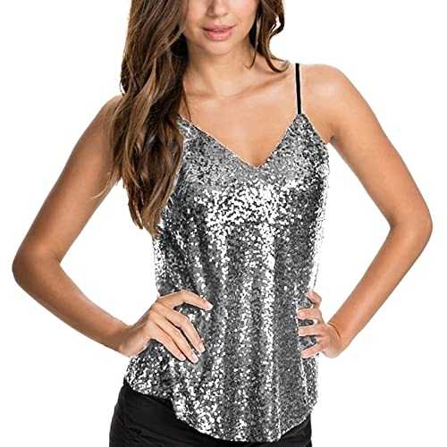 Women's Sequin Tops Ladies Sexy V Neck Shirts Glitter Strappy Tank Tops Camisole Blouse T Shirt Sleeveless T Shirt Sparkle Vest Tops Party Costume Clubwear UK Size