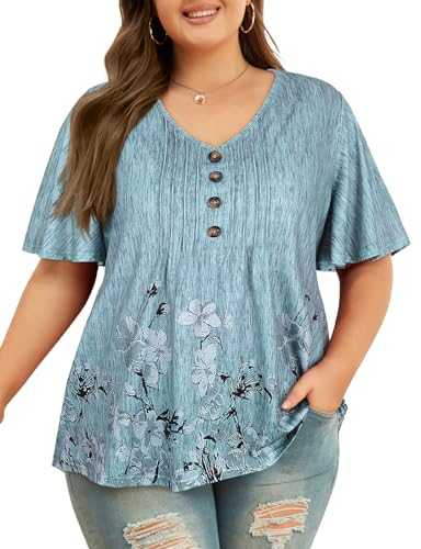 Flikity Plus Size Tops for Women Casual V Neck Ladies Blouses Short Sleeve Dressy Casual Tops Pleats Tunic Tops Solid Loose Summer T Shirts 1XL-5XL