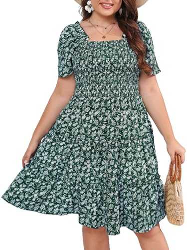 Younrui Women's Casual Summer Smocked Ruffle Dresses 2024 Plus Size Square Neck Woven Midi Floral Wedding Guest Dress