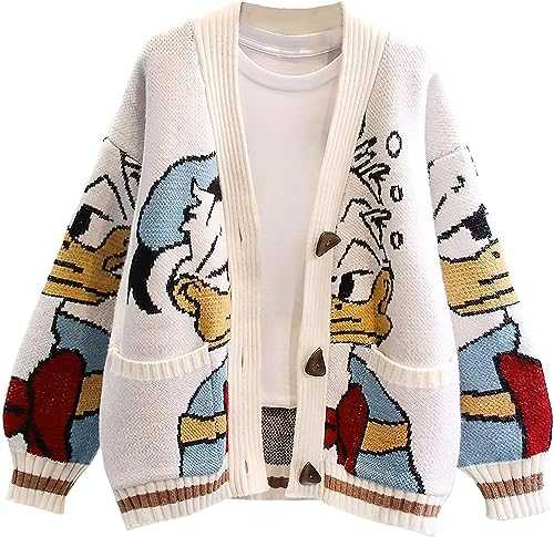 Womens Fall Cute Embroidery Cartoon Duck Cable Knit Cardigans Sweater Button Down Slouchy Wool Blend Coat