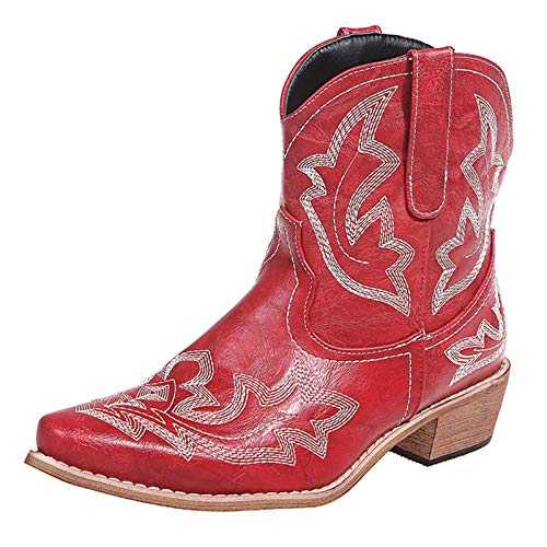 NOAGENJT Combat Boots Women Shoes Short Pointed Heels Embroidery Women Toe Slip-On Booties Retro women's boots Boots for Women 10