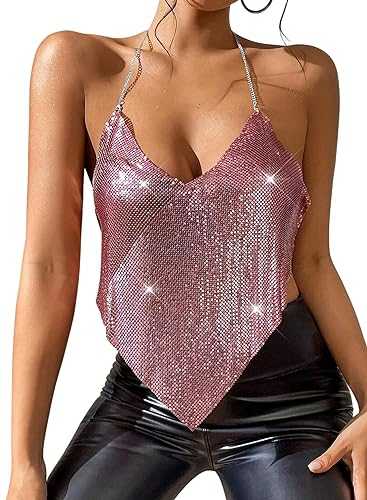 Ella Lust Sexy Metallic Chain Top for Women - Sequin Halter Deep V Neck Backless Crop Tank for Night Club Party Rave Outfits