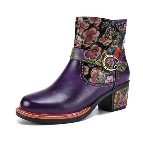 SOCOFY Womens Ankle Boots Cowgirl Boots Bohemian Block Heels Leather Western Boots Colorful Leather Winter Ankle Boots Floral Splicing Zipper Short Boots for Walking, Wedding, Party