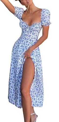 Women Summer Tie Straps Split Midi Dress Wrap Solid Floral Print Sleeveless Ruffle Casual Vintage A Line Beach Dress