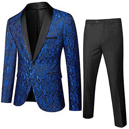 UNINUKOO Men's Suit Slim Fit 2 Piece Tuxedo Suit Set Floral Print Paisley Shawl Lapel Groom Wedding Suits Set