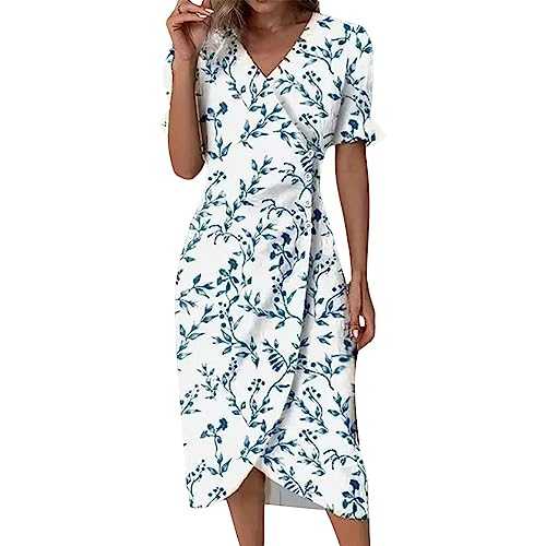 Couawaticy Summer Dresses for Women UK 2025 Boho Causal Short Sleeve Vacation Floral Button Linen Dress with Pockets Ladies Maxi Printing Party Club Elegant Beach Dresses