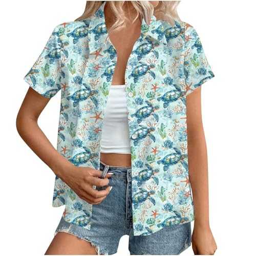 Ladies Tops Sale Clearance Summer Hawaiian Shirts Ladies Tropical Button Beach Wear Lightweight Short Sleeve T Shirts Floral Printed Basic Tees Tunic Tops for Womens Unisex 80S 90S Retro Streetwear
