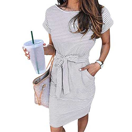 AMDOLE Sporty Dress for Women Casual with Pockets Striped Sleeve T-Shirt Dress Waist Women's Dress Stripe Midi Dress