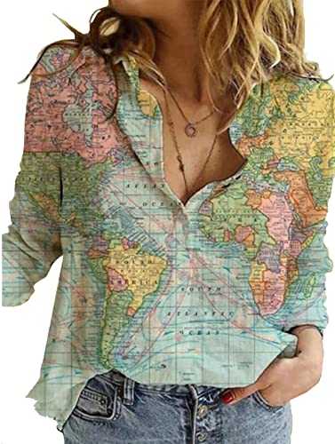 Women's World Map 3D Print T-Shirt, Casual Loose Button UP Front Blouse Button-Up Shirt V-Neck Short Sleeve Casual Top