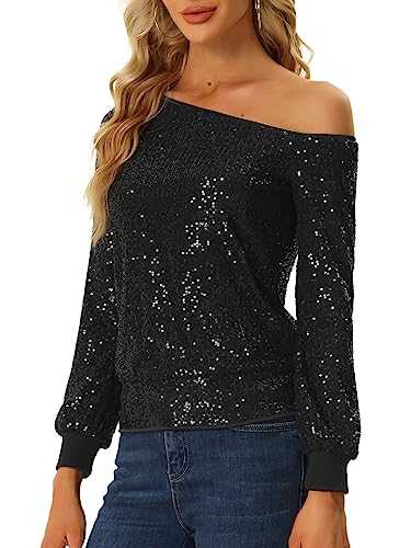 Allegra K Off Shoulder Sequins Tops for Women's Long Sleeves Disco Party Sparkle Glitter Top