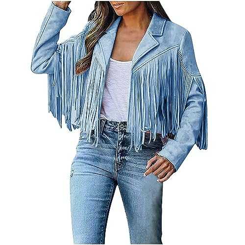 FunAloe Leather Jacket for Women Tassel Faux Suede Fringe Jacket Faux Leather Cowgirl Costume Vintage Cowboy Waistcoat Ladies Winter Coats Sale Moto Biker Chic Hippie Punk Streetwear Overcoat Outwear