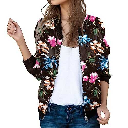 Womens Autumn Casual Floral Print Zip Up Stand Collar Cropped Baseball Jackets Womens Ladies Leisure Fashion Lightweight Party Vacation Long Sleeve Bomber Jacket Outwear Womens Long Coat