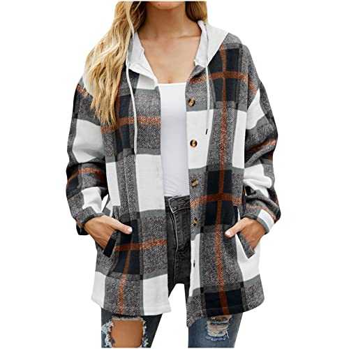 Jackets for Women UK Plaid Flannel Shirt Button Down Shackets Casual Long Sleeve Hoodie Ladies Fall Shirts Tartan Jacket Woolen Pea Coats Loose Pocket Checked Tops