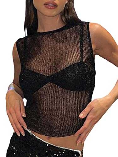 Women's Y2k Sheer Lace Blouse Sparkly Mesh Top Mock Neck See Through Tank Top Sexy Sleeveless T Shirt