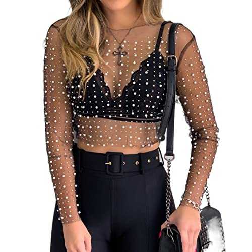 FeMereina Women's Sheer Mesh Tops Long Sleeve Glitter Sexy Tops See Through Blouses Round Neck Sequin Rhinestone Slim Fit Crop Tops