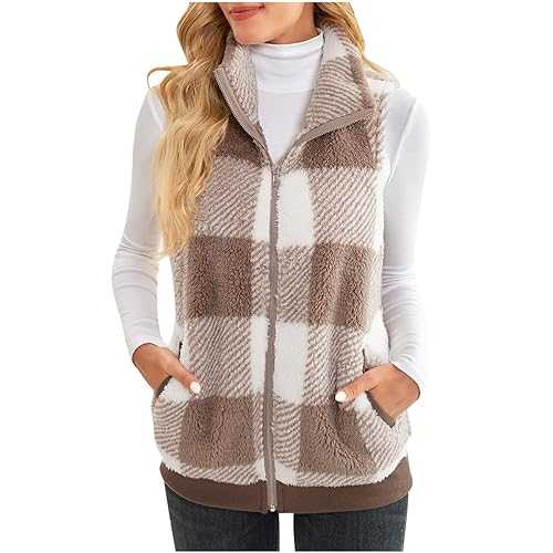 Yolimok Women's Gilets Sale Clearance Teddy Fleece Plaid Waistcoat Gilet Sherpa Fluffy Vest Body Warmer Lightweight Cozy Gilets Ladies Winter Warm Jacket Fuzzy Sleeveless Coat Checked Outwear