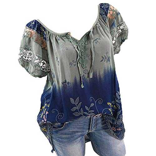 Summer Tops for Women UK Elegant Flowy Plus Size Lace-Up Relaxed Fit Ladies Blouses Lightweight Floral Printed V-Neck Puff Sleeve Womens T Shirts