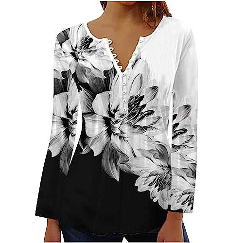 Women's Long Sleeve Tops Elegant Vintage Floral Printed Tunic Tops V Neck Buttons Up Blouse Ladies Henley T-Shirt Swing Blouses Longine Shirts Casual Baggy Pullover