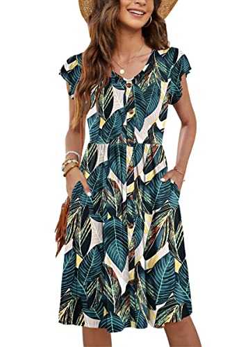 MOLERANI Women Summer Dresses Ruffle Sleeve V Neck Casual Swing Elastic Waist Midi Dress with Pockets S-2XL