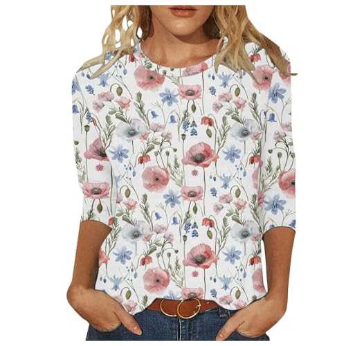 Keepink Womens T Shirts 3/4 Sleeves Smart Casual Tunic Tops Loose Crew Neck T-Shirts Floral Print Elegant Pullover Shirt Ladies Top Office Work Dresssy Blouse Going Out Tees 8-18 UK