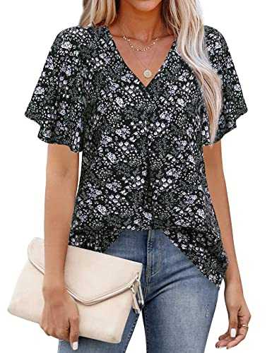 Messic Women's Blouses Chiffon V Neck Ruffle Sleeve Work Shirts Summer Casual Dressy Tops