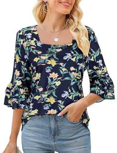 Syphiby Womens Tops 3/4 Tiered Ruffle Sleeve Tops Casual Square Neck Blouse Loose Dressy Tunic Shirts S-XXL