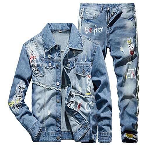 Hcclijo Men's Jeans Sets Jacket + Jeans Blue Two Piece Sets Tracksuit Mens Print Denim Trouser