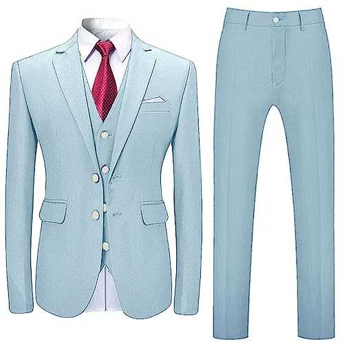 Business Suit for Men, Mens Slim Fit 3 Piece Suit 2 Button Business Wedding Suits Tuxedo Blazer Waistcoat Trousers Men One Button Suit Slim Fit Formal Dinner Two Buttons Tuxedo Suit for Men