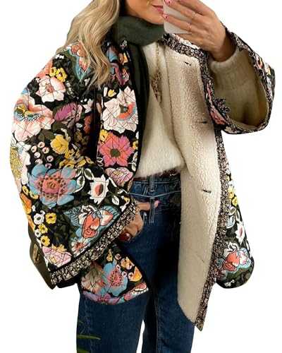 SANSIWU Women's Cropped Puffer Jacket Floral Print Padded Quilted Coat Long Sleeve Lightweigt Vintage Padded Jacket Outerwear