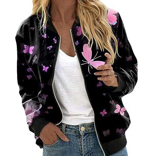 WILLBEST Coats for Women Casual Jacket Long Sleeve Lightweight Bomber Jackets Coats Zipper Loose Cardigans Floral Pattern Utility Military Jacket with Pockets