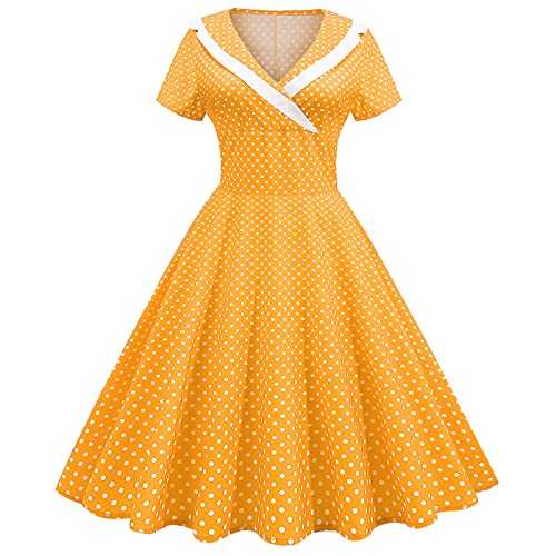 IWEMEK Women 1950s Vintage Retro Rockabilly Dress Lapel V-Neck Slim A-line 50s 60s Pinup Audrey Hepburn Style Polka Dot Swing Dresses Summer Casual Pageant Party Cocktail Evening Gown