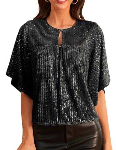 GRACE KARIN Women's Gelitzer Top 1/2 Sleeve Round Neck Sequin Top Party Tops