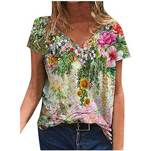 AMhomely Women's Blouses & Shirts Sale Clearance,Adult Fashion Woman V-Neck Sleeve Tops T-Shirt Floral Printing Loose Short Loose Tunic Tops for Women UK