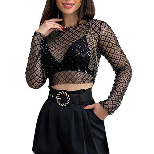 Achlibe Women Pearl Mesh Crop Top Long Sleeve Crew Neck Rhinestone Sheer See Through Blouse Beach Cover up T Shirt