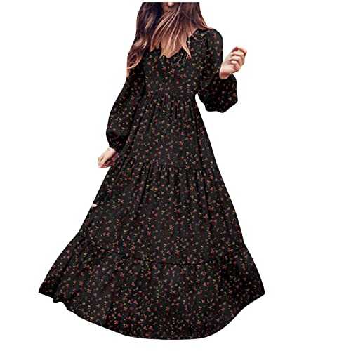 AMhomely Women Dresses Clearance,Ladies Party Elegant Casual Chiffon Hedging V-Neck Large Pendant Long Sleeve Floral Dress UK Size Sale Work Dress Office Dress Plus Size Wedding Guest Dress