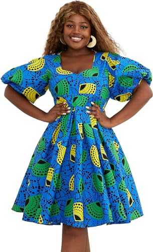 HongyuAmy Women African Floral Print V Neck Dresses Ankara Lantern Sleeves Short Dress