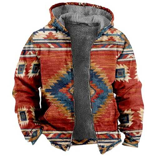 Men's Fleece Jackets Full Zip Hoodie Mens Sweatshirt Warm Western Aztec Coat Winter Jackets for Men UK Sherpa Lined Jacket Heavyweight Fleece Trucker Hoodies Vintage Printed Coat Ethnic Style Outwear