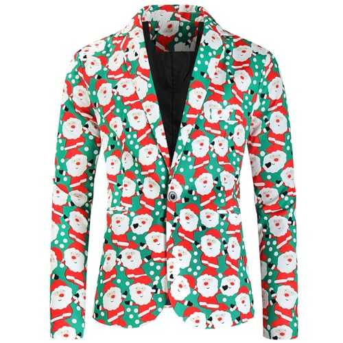 Szshaoye Christmas Suit Jacket for Men Xmas One Button Costume Santa Print Slim Fit Xmas Fun Suit Jacket Mens Casual Christmas Theme Party Suit Coat